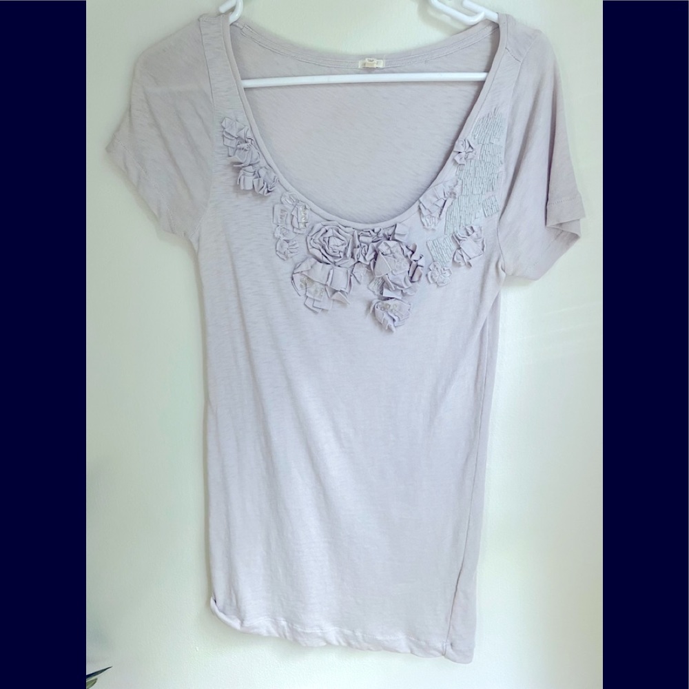 J. Crew S lavender short sleeve shirt with beading and ruffled details.